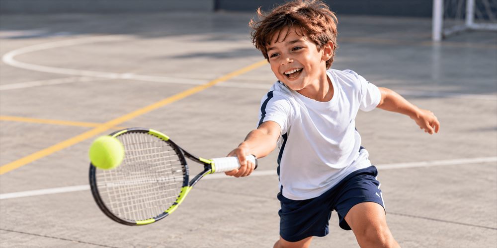 Un chico devuelve la pelota con la raqueta en la cancha de tenis