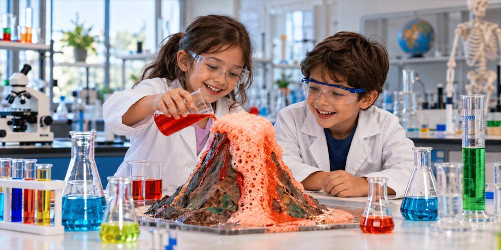 Dos chicos con guardapolvo y antiparras hacen erupcionar un volcán en el laboratorio