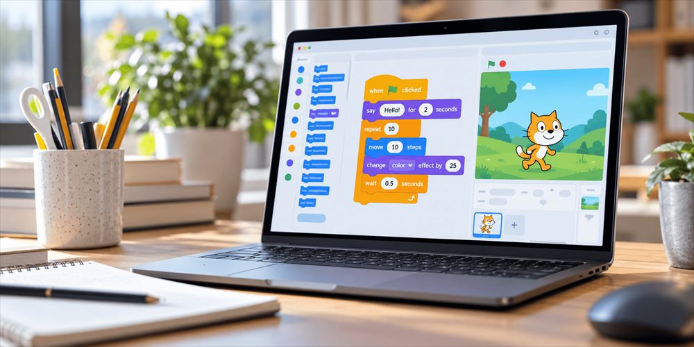 Una notebook con un proyecto de programación por bloques en pantalla